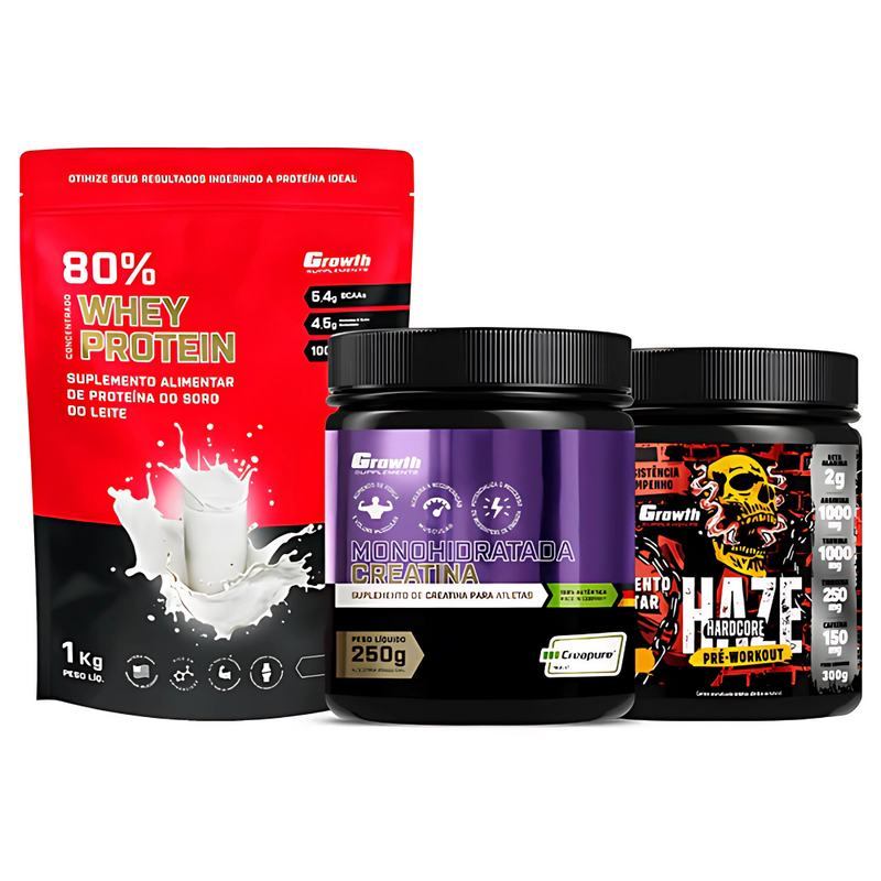 COMBO WHEY PROTEIN 1kg + CREATINA 250g + PRÉ-TREINO HAZE HARDCORE 300g